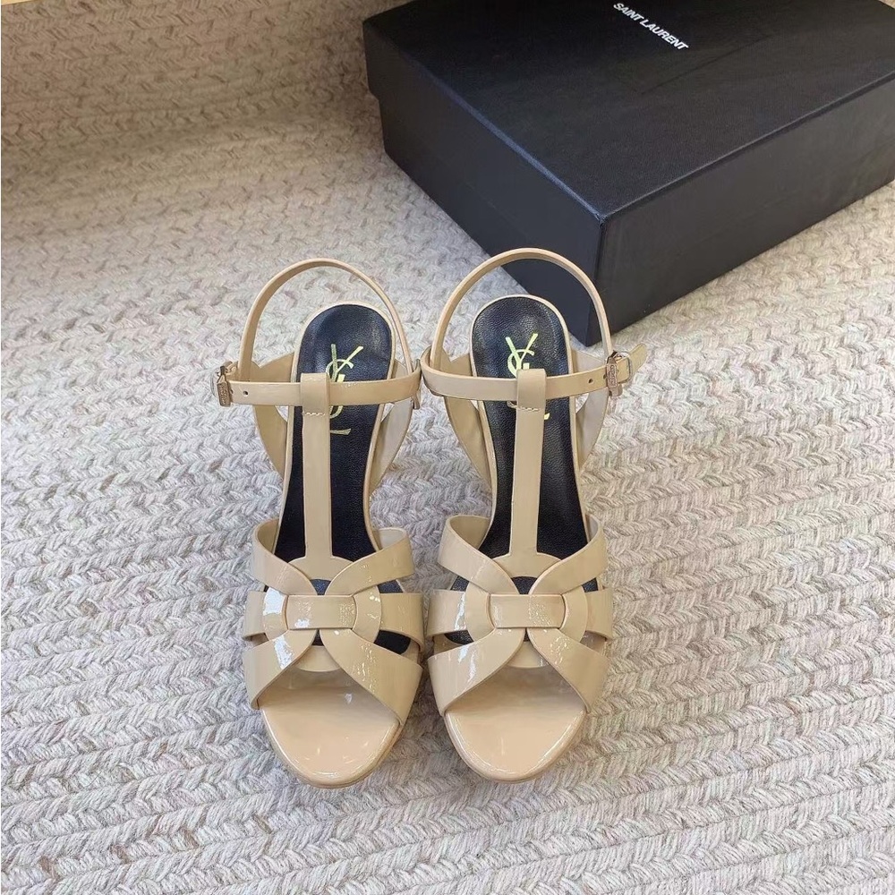 Yves Saint Laurent Cream Heels with T-Strap Design